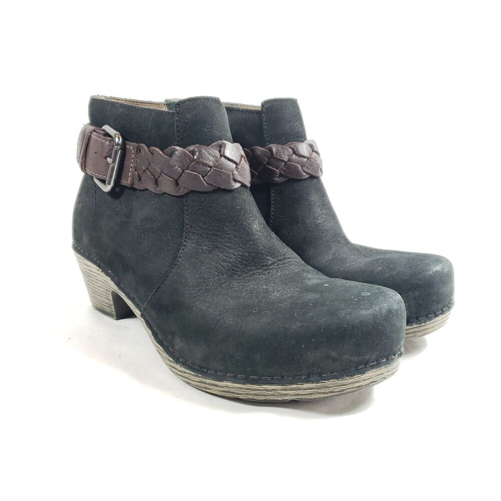 Dansko Womens Size 6 Black Nubuck Leather Ankle Boots With Braided Strap